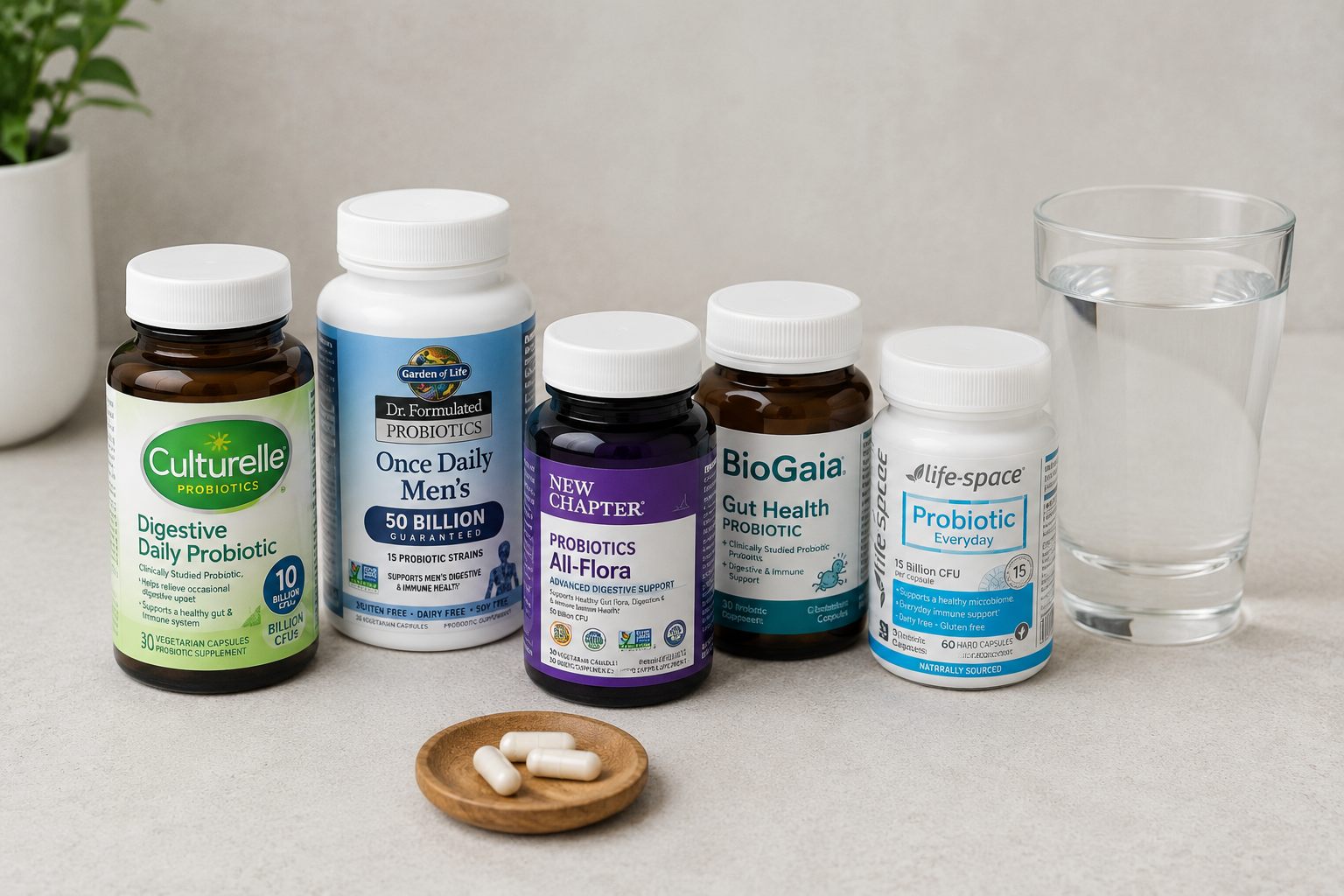 A clean flat-lay photo displaying beginner-friendly probiotic supplement bottles sitting alongside a glass of water.