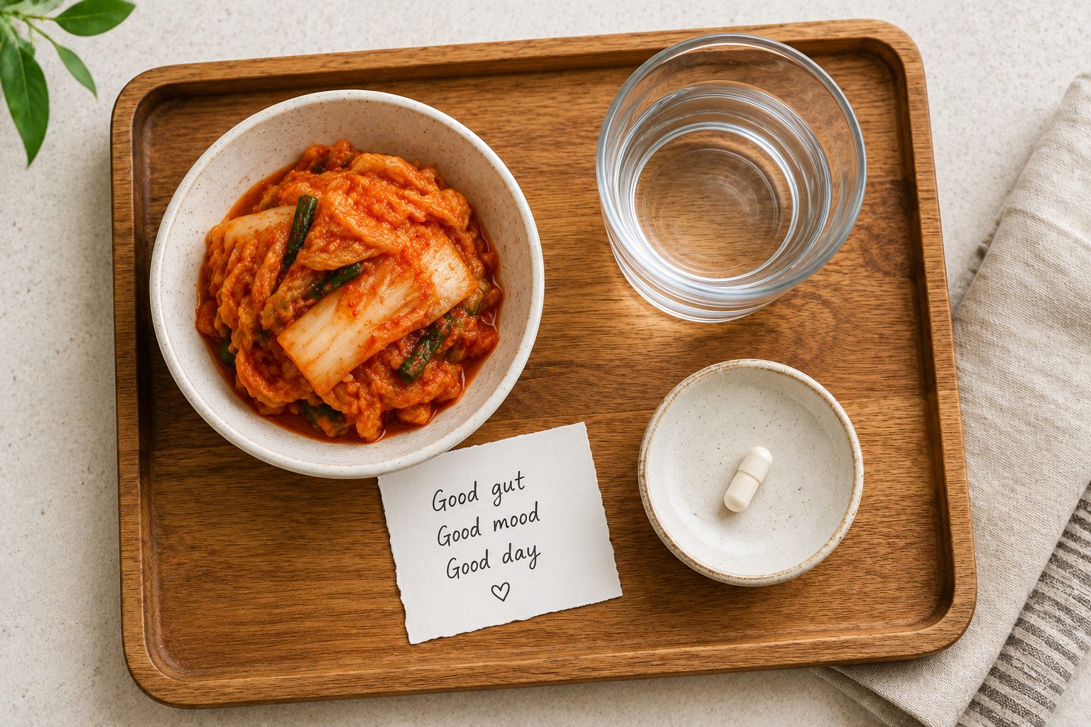 A morning wellness routine featuring a plate of kimchi, water, and a probiotic capsule.