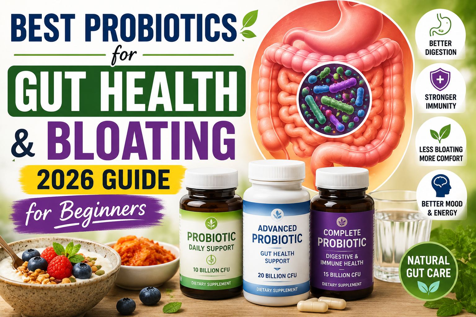 Best Probiotics for Gut Health and Bloating 2026 Guide for Beginners thumbnail featuring probiotic supplements, healthy gut microbiome, and digestive wellness.