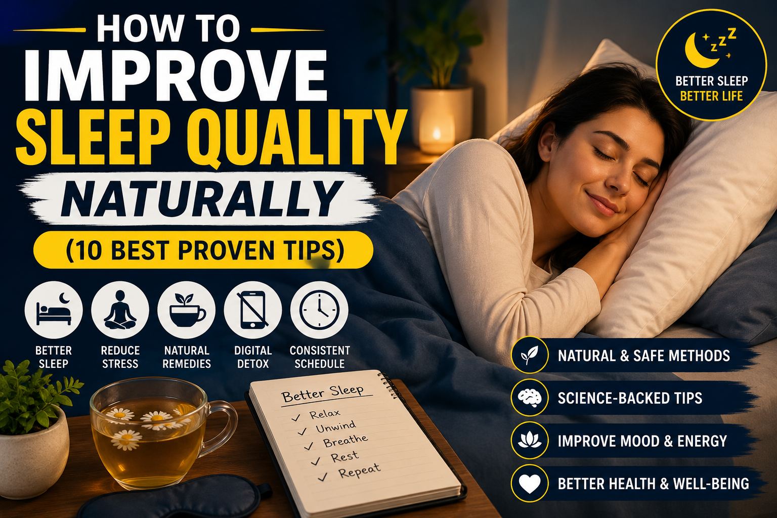 How to Improve Sleep Quality Naturally thumbnail showing a peaceful sleeping person and science-backed natural sleep improvement tips.