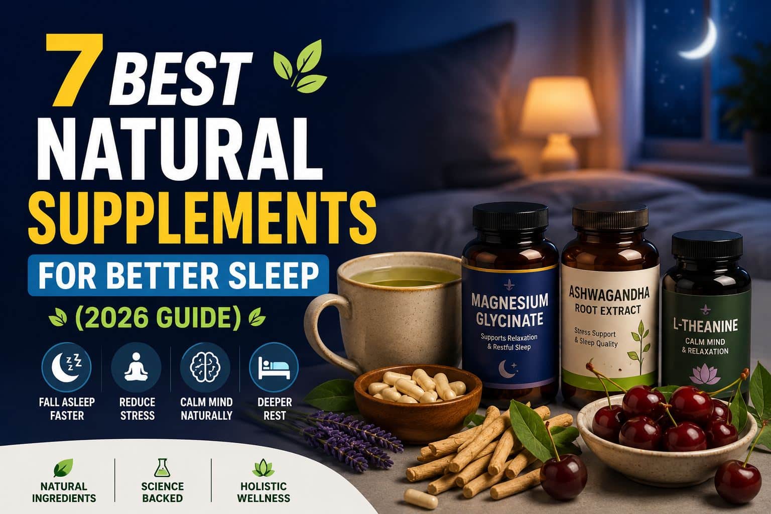 7 best natural supplements for better sleep including magnesium glycinate, ashwagandha, L-theanine, and tart cherries in a wellness-themed thumbnail.