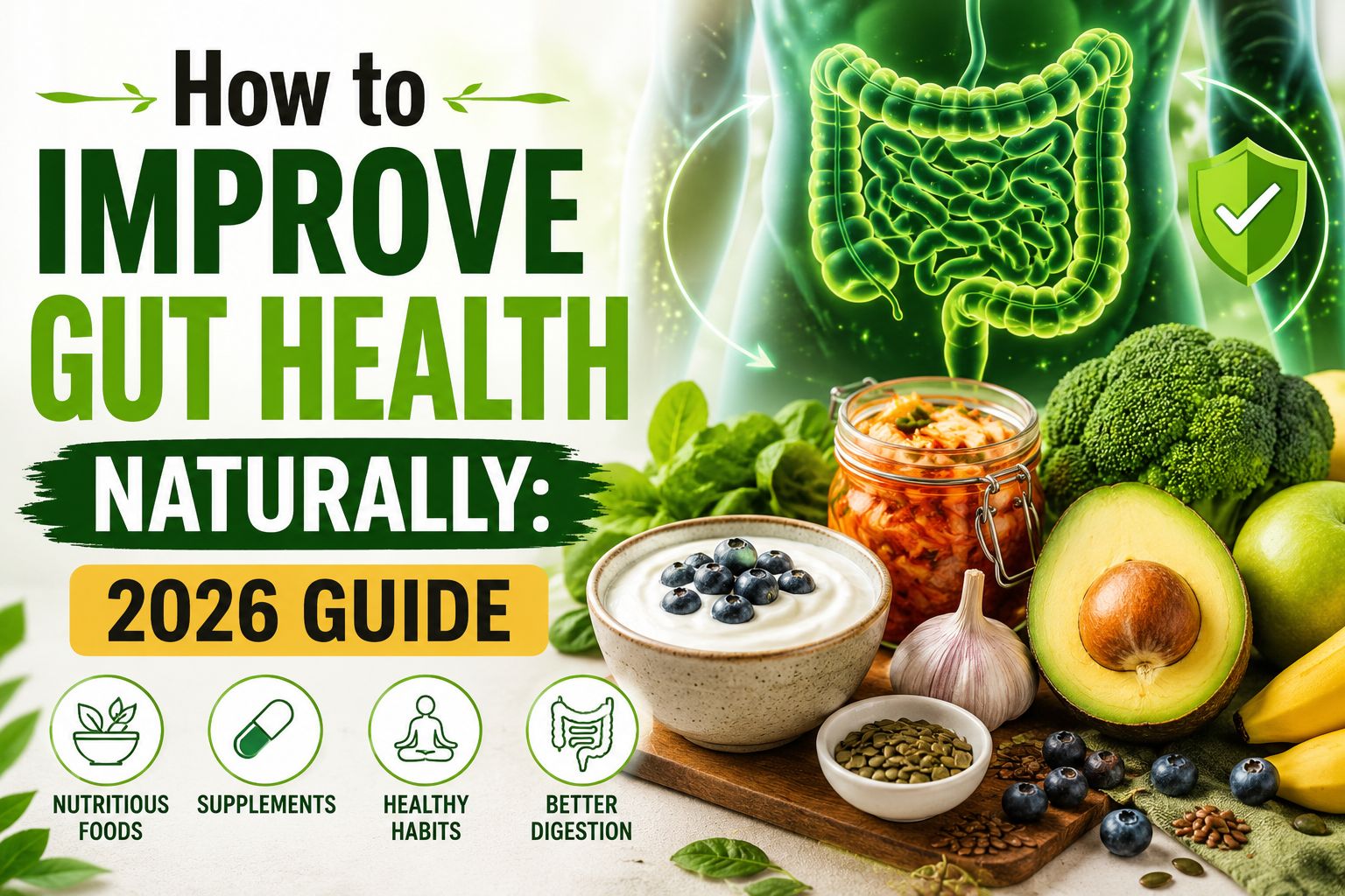 How to Improve Gut Health Naturally 2026 Guide featuring probiotic foods, healthy habits, and digestive wellness. Title: