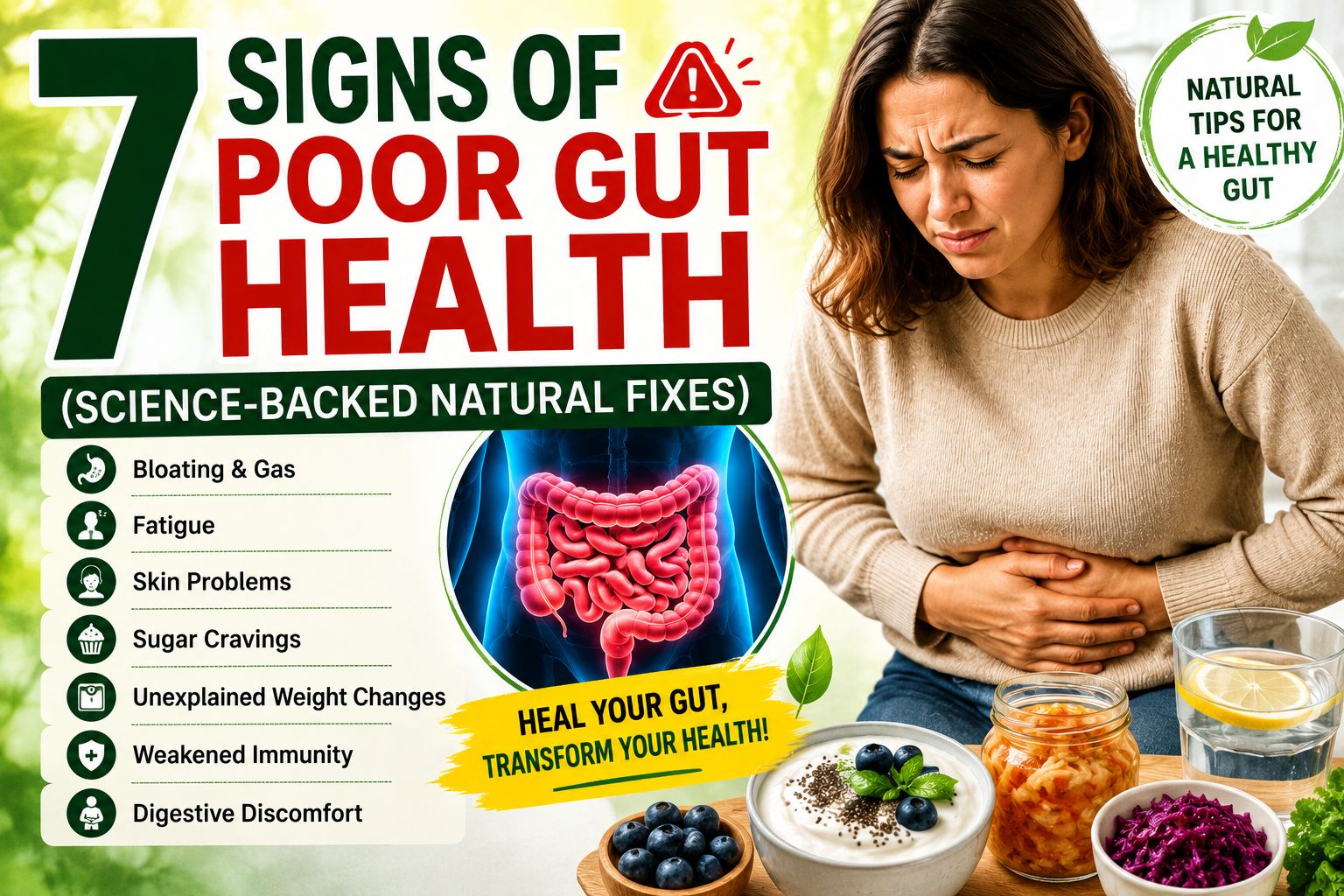 Thumbnail for "7 Signs of Poor Gut Health (Science-Backed Natural Fixes)" featuring a person with stomach discomfort, a digestive system illustration, probiotic foods, and key gut health warning signs.
