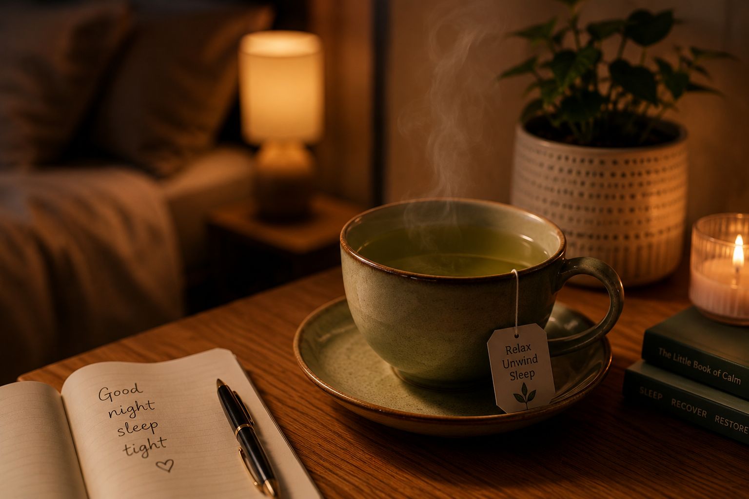 A relaxing cup of green tea on a nightstand supporting mental calmness