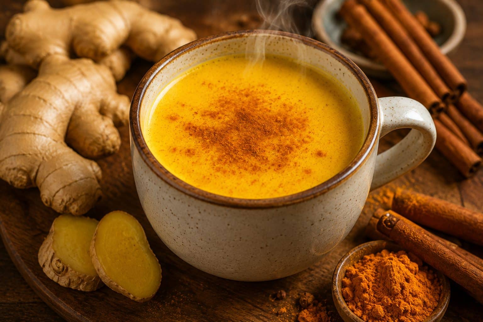 Golden turmeric tea in a cup with ginger.