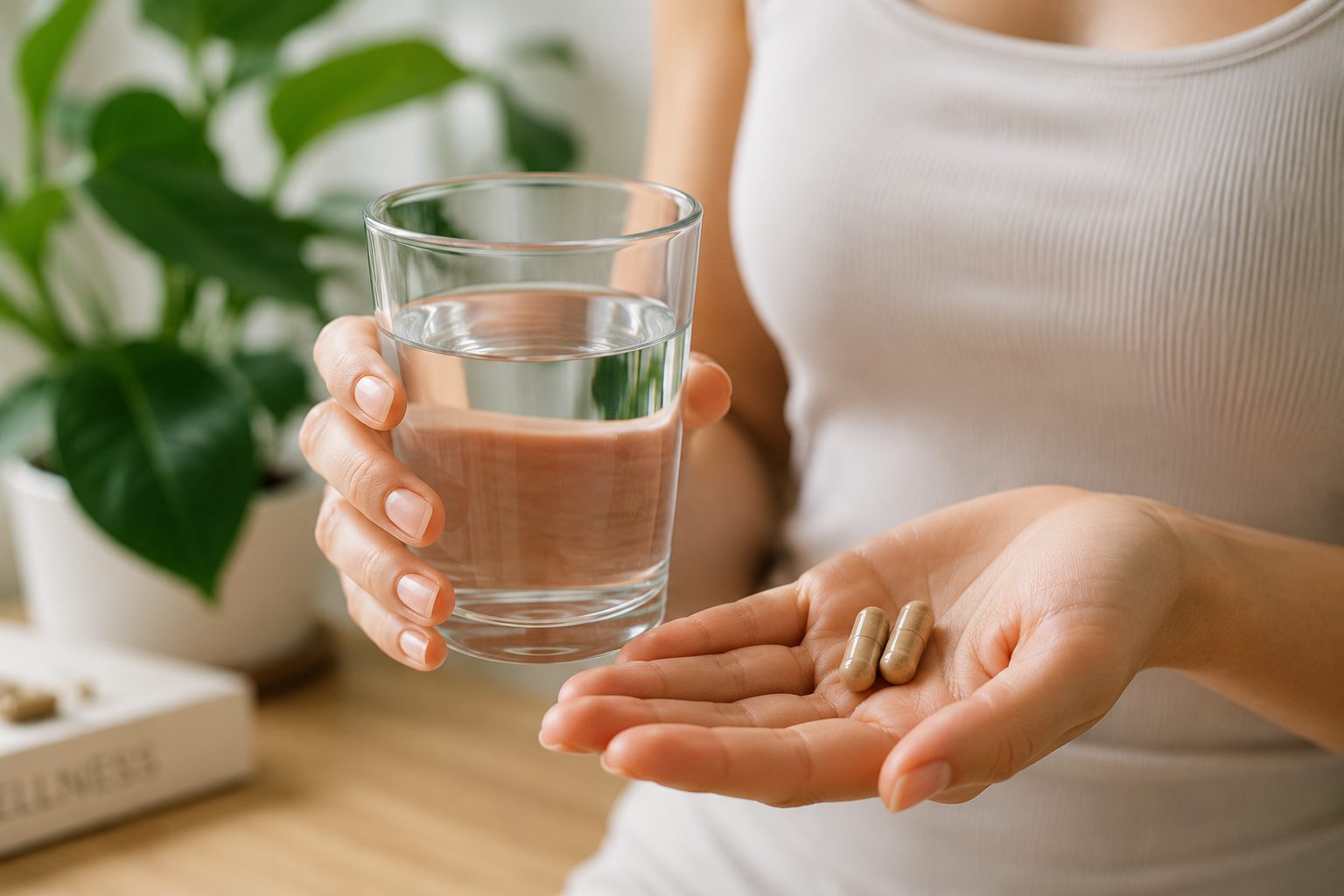 A person holding natural digestive supplements and a glass of water to optimize gut function.