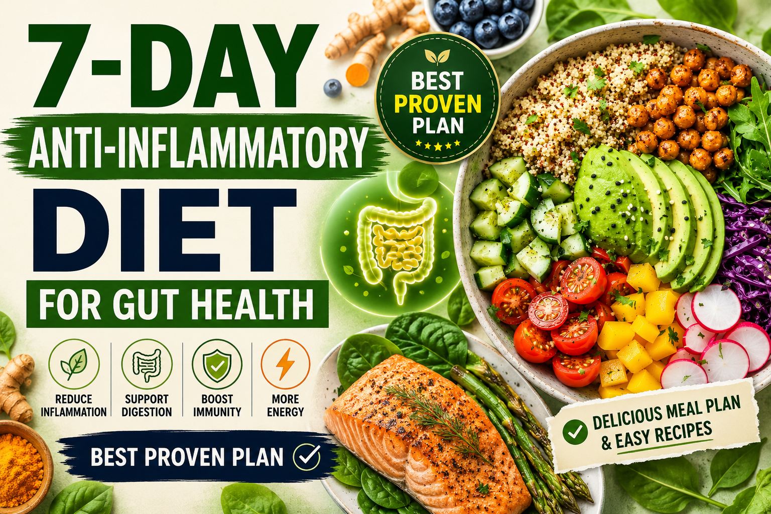 Colorful thumbnail featuring anti-inflammatory foods, a healthy meal bowl, salmon, and a 7-day gut health diet plan.