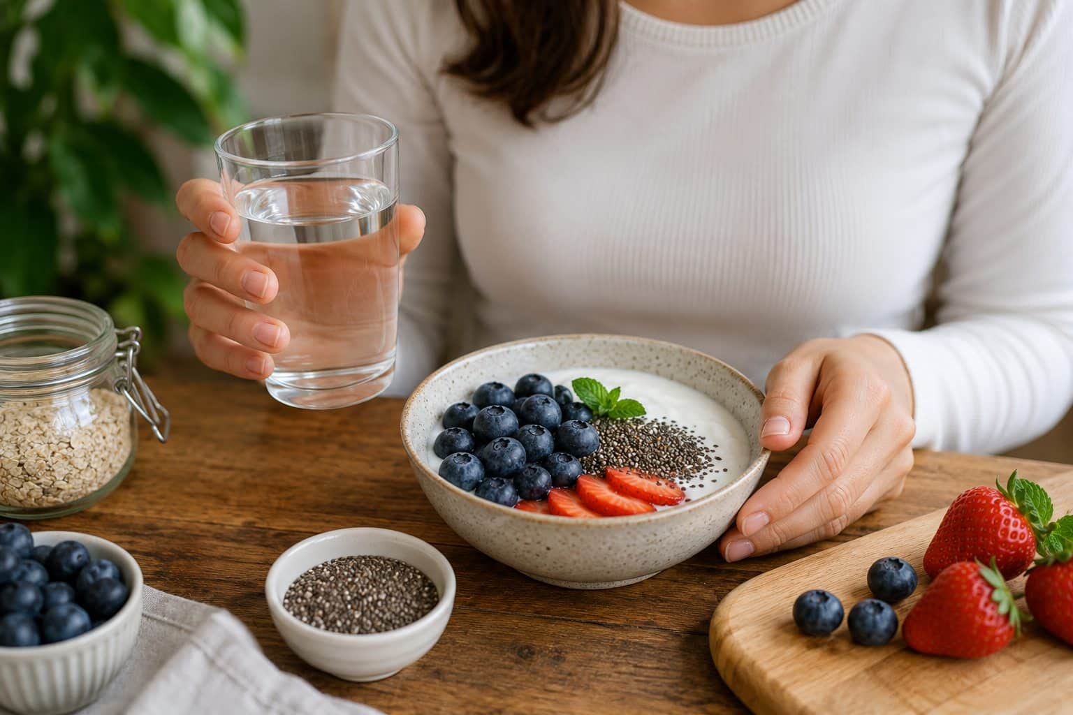 Natural remedies including prebiotic fiber, fermented foods, and hydration for healing digestion.