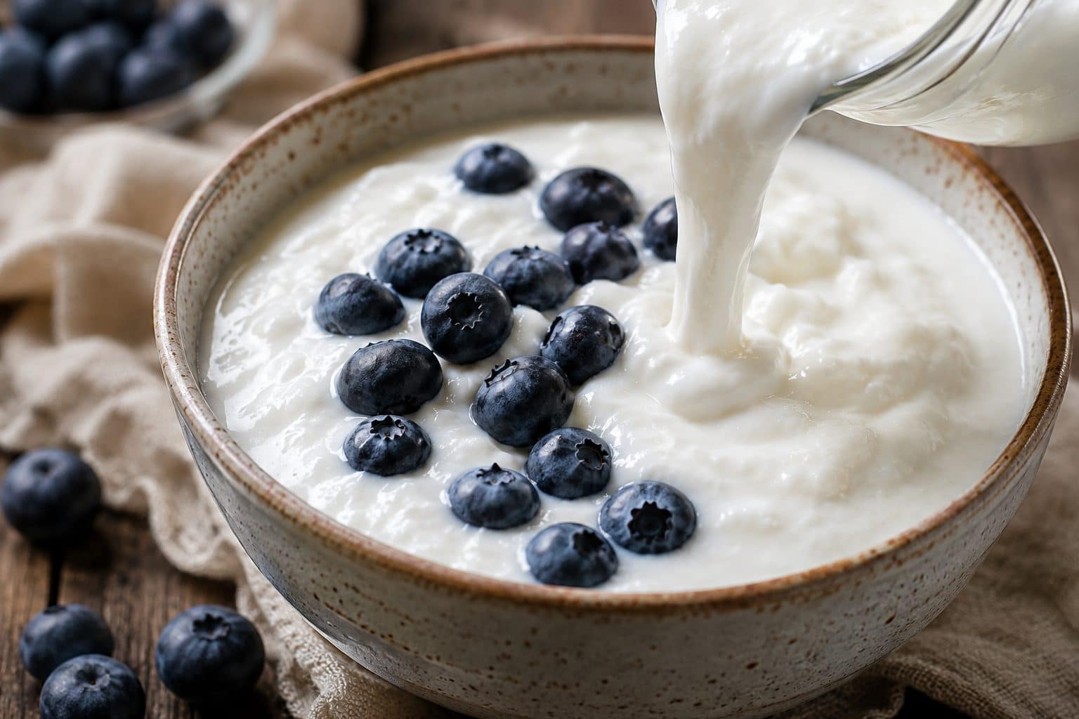 Creamy natural kefir poured into a bowl to show texture for gut health improvement.