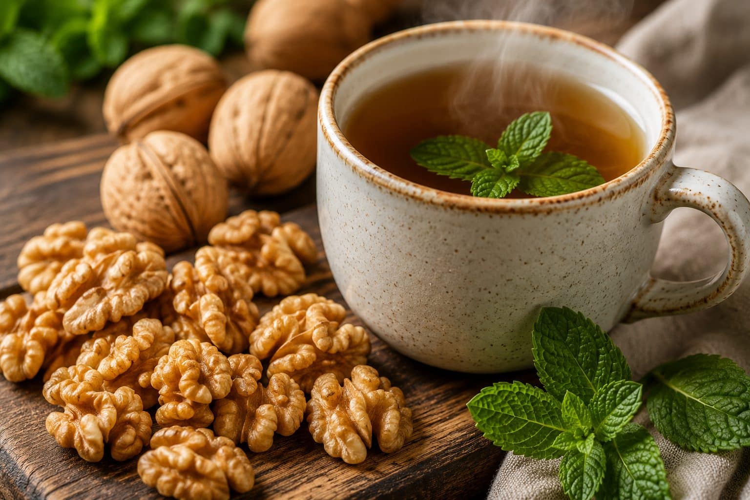 Raw walnuts and herbal peppermint tea serving as polyphenol-rich anti-inflammatory foods for gut health.