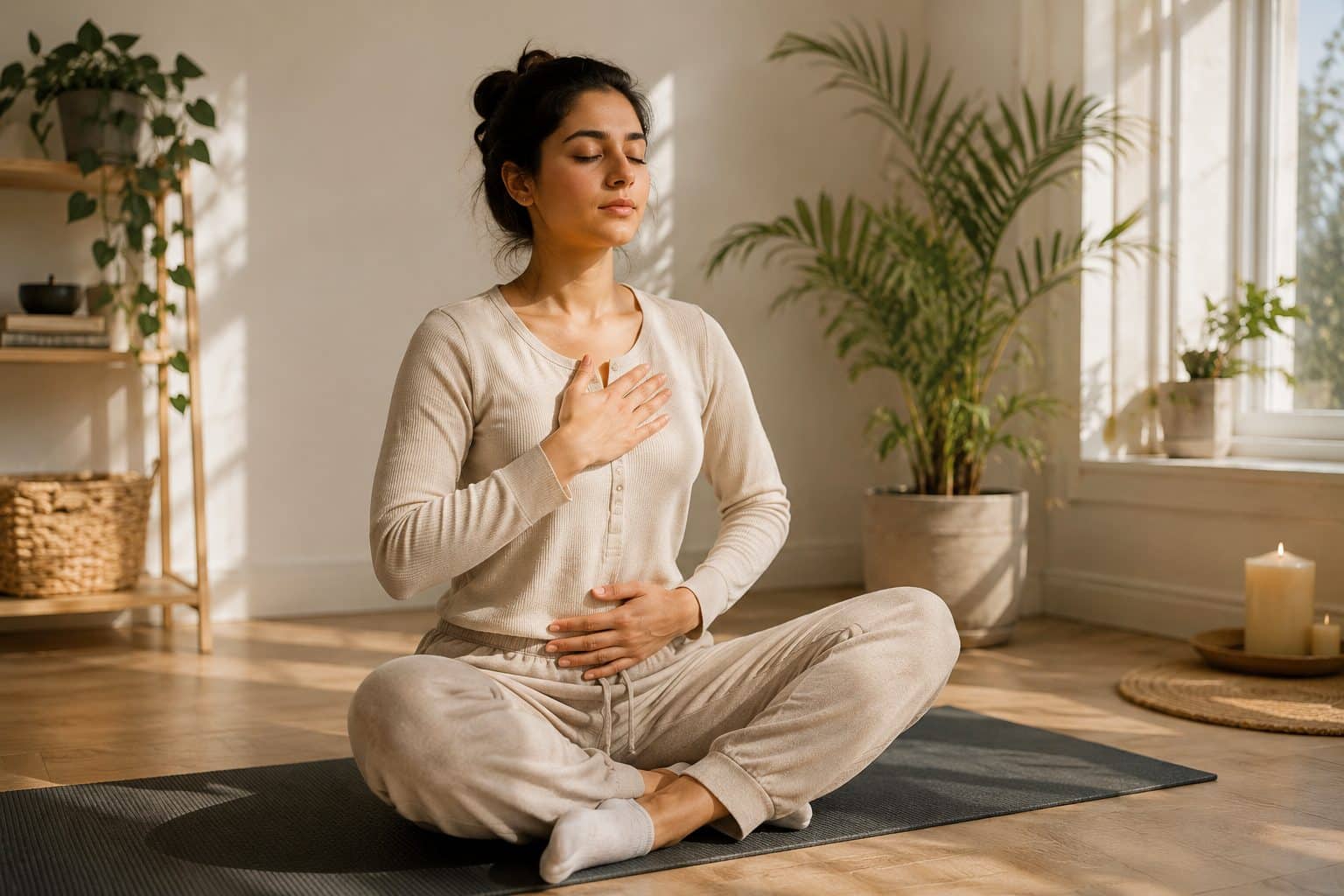 A woman practicing mindful breathing exercises on a yoga mat to reduce stress and support the gut-brain axis.
